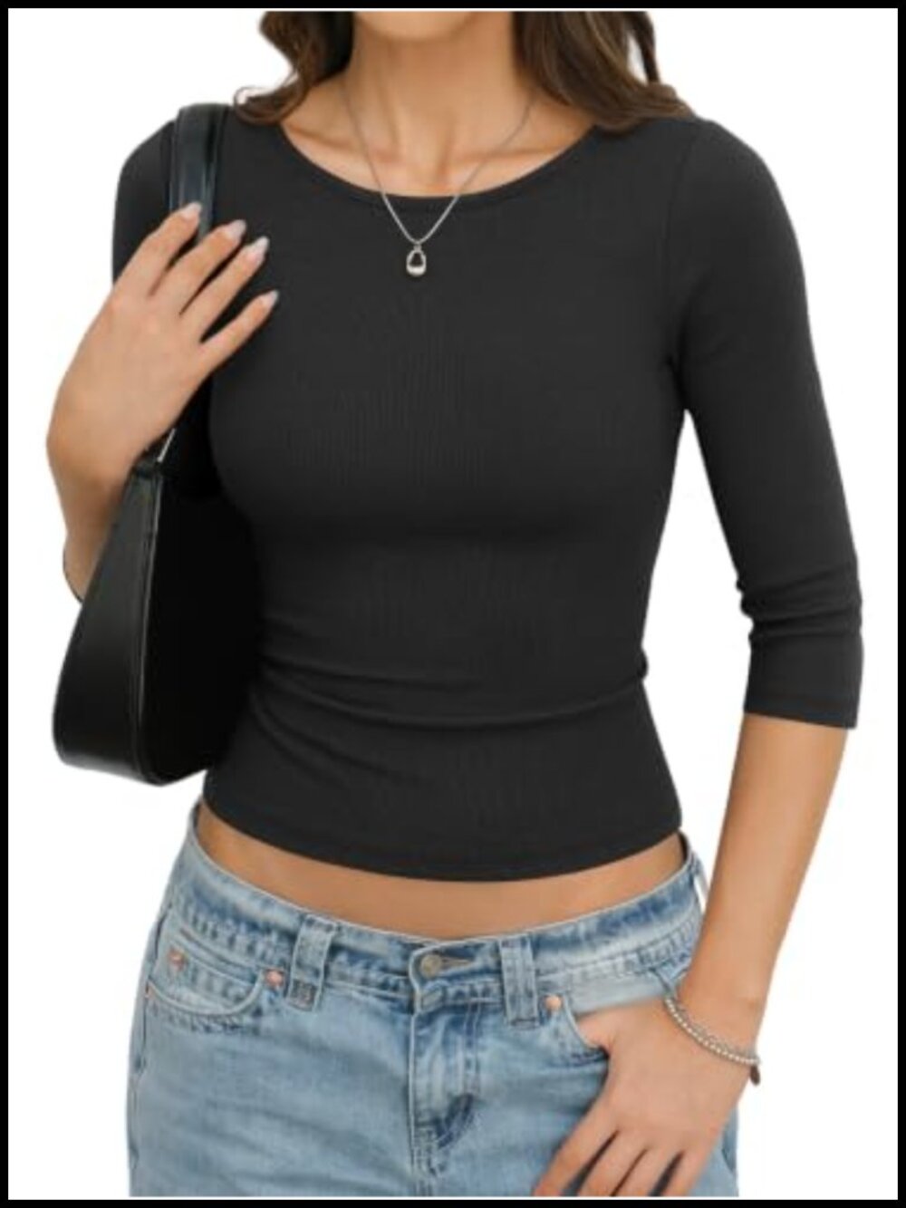 Cotton Ribbed 3/4 Sleeve Boat Neck Slim Fit T-Shirt Casual Y2K Top